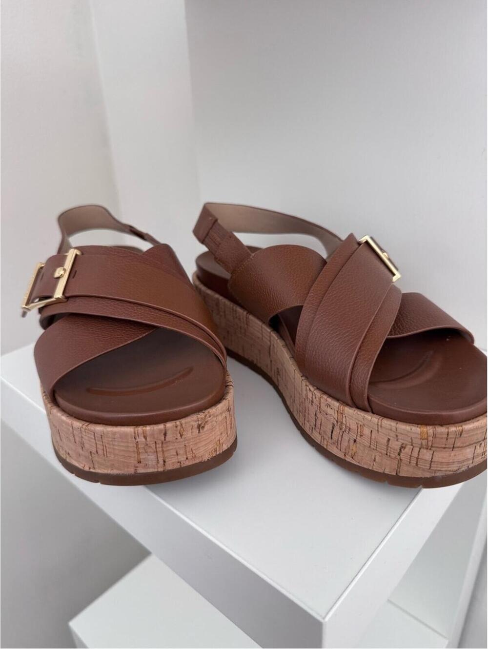 Michael Kors Brown Cork Platform Sandals with Gold Buckle, never worn